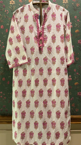 Cream & Pink Straight fit Cotton Kurta set