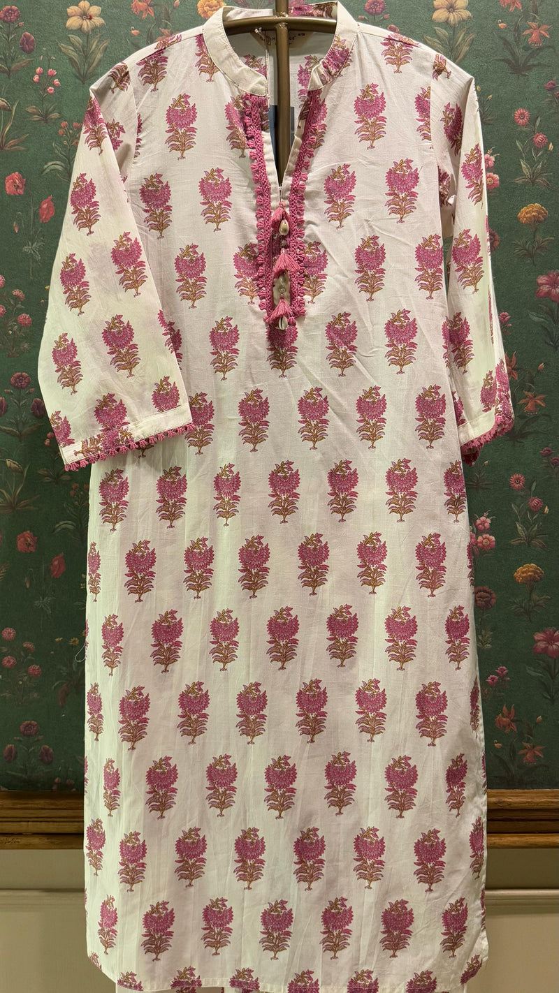 Cream & Pink Straight fit Cotton Kurta set