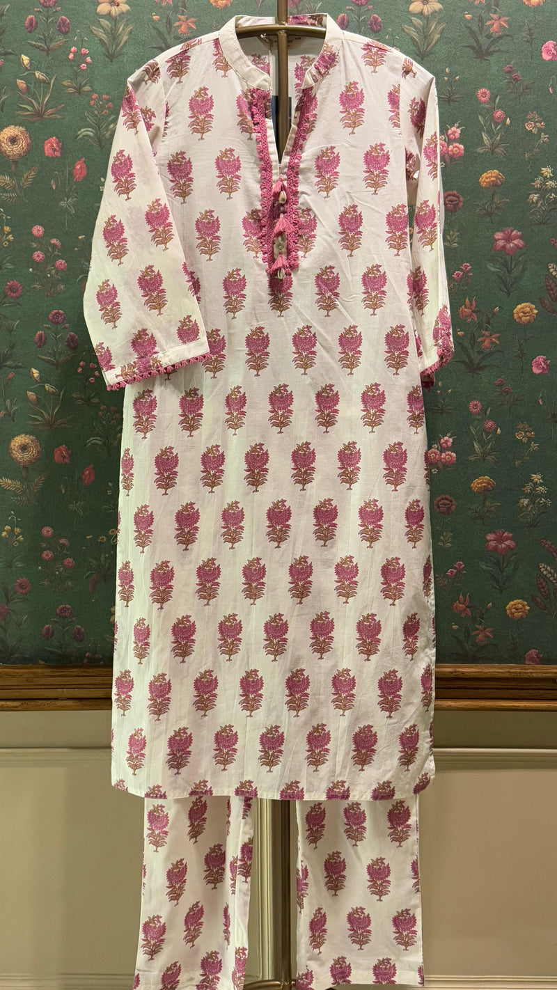 Cream & Pink Straight fit Cotton Kurta set