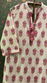 Cream & Pink Straight fit Cotton Kurta set