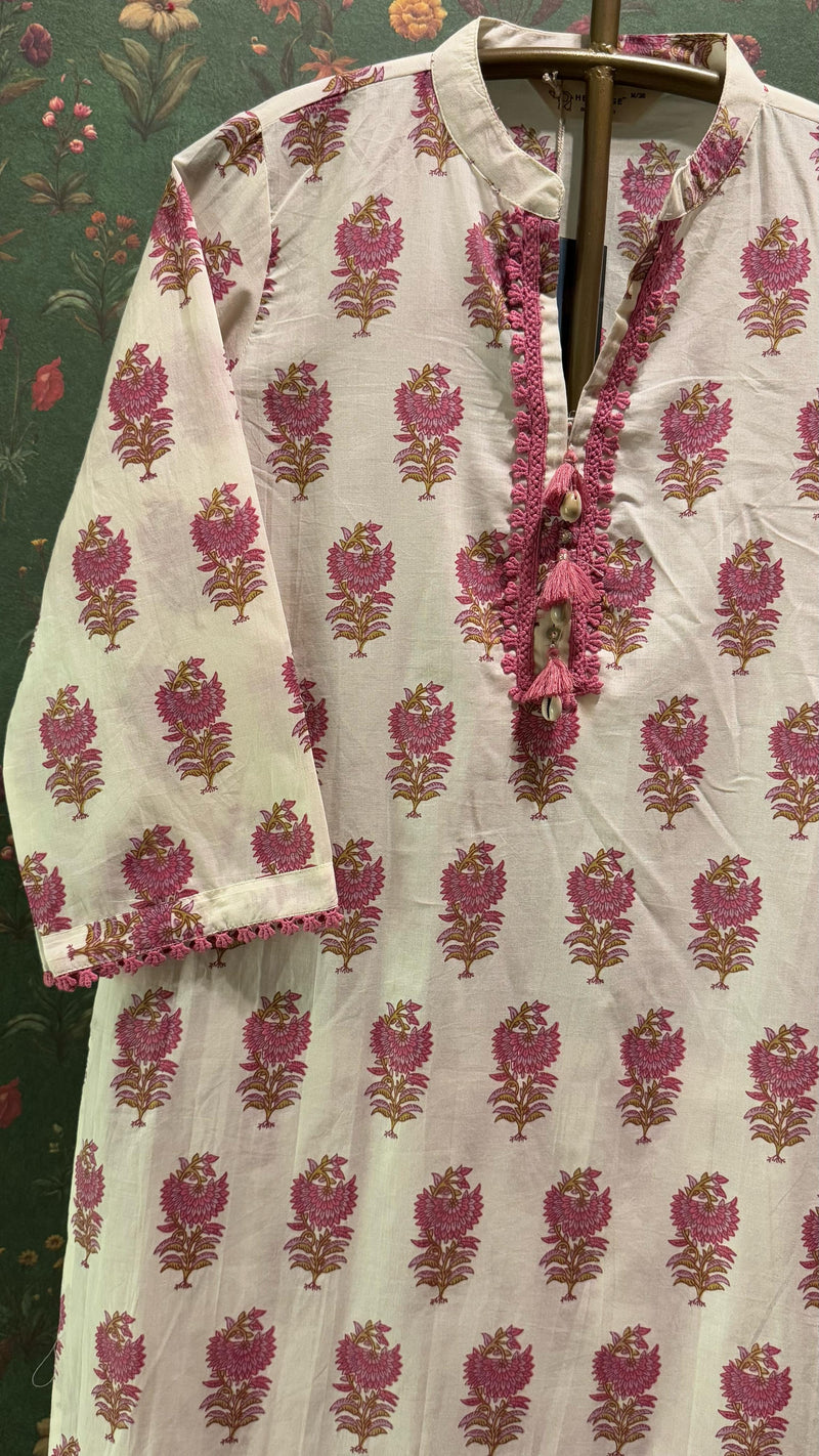 Cream & Pink Straight fit Cotton Kurta set