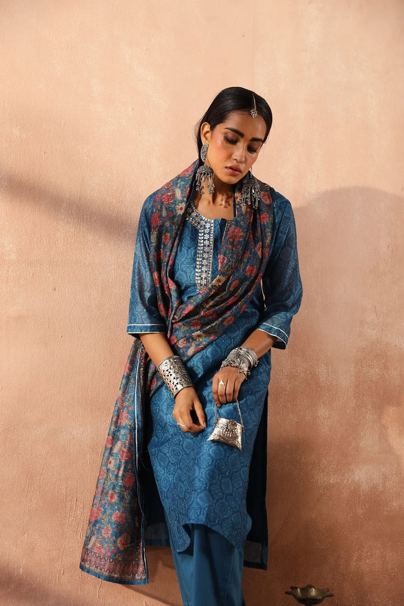 Blue  Chanderi Kurta set (With Pant & Dupatta)