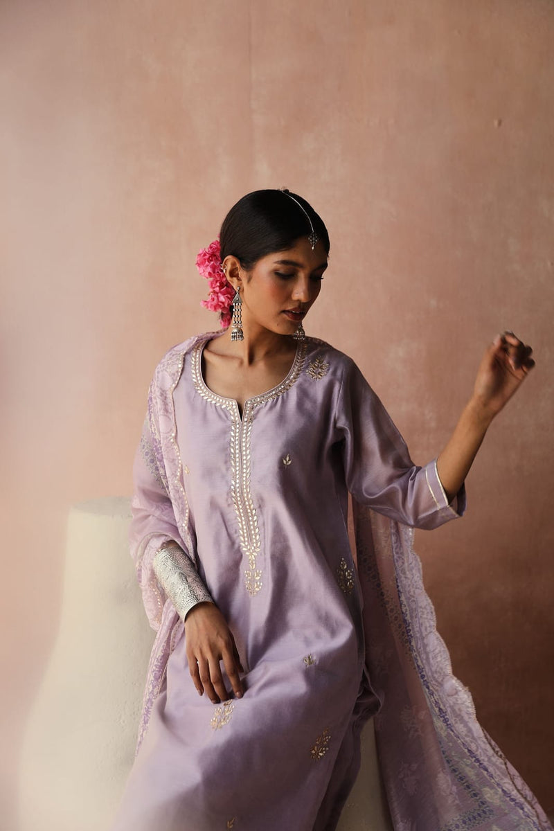 Lilac  Chanderi Kurta set (With Pant & Dupatta)