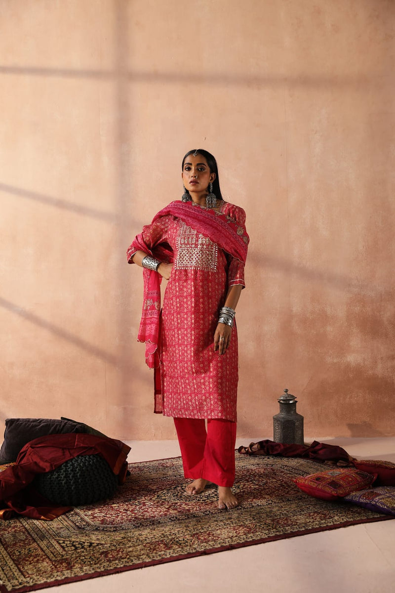 Dark Pink   Chanderi Kurta set (With Pant & Dupatta)