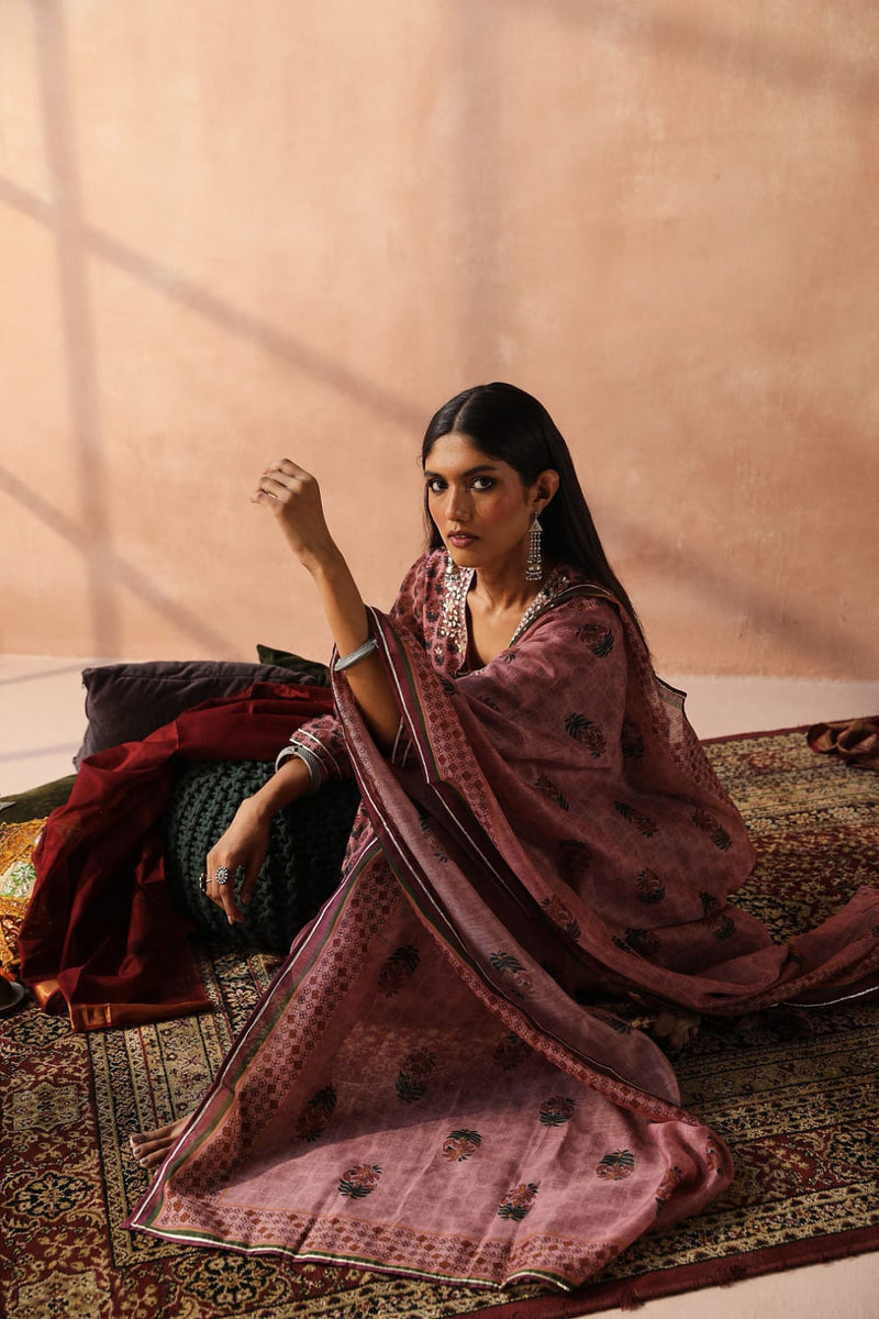 Onion Pink Chanderi Kurta set (With Pant & Dupatta)