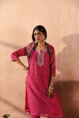 Dark Pink Chanderi Kurta set (With Pant & Dupatta)