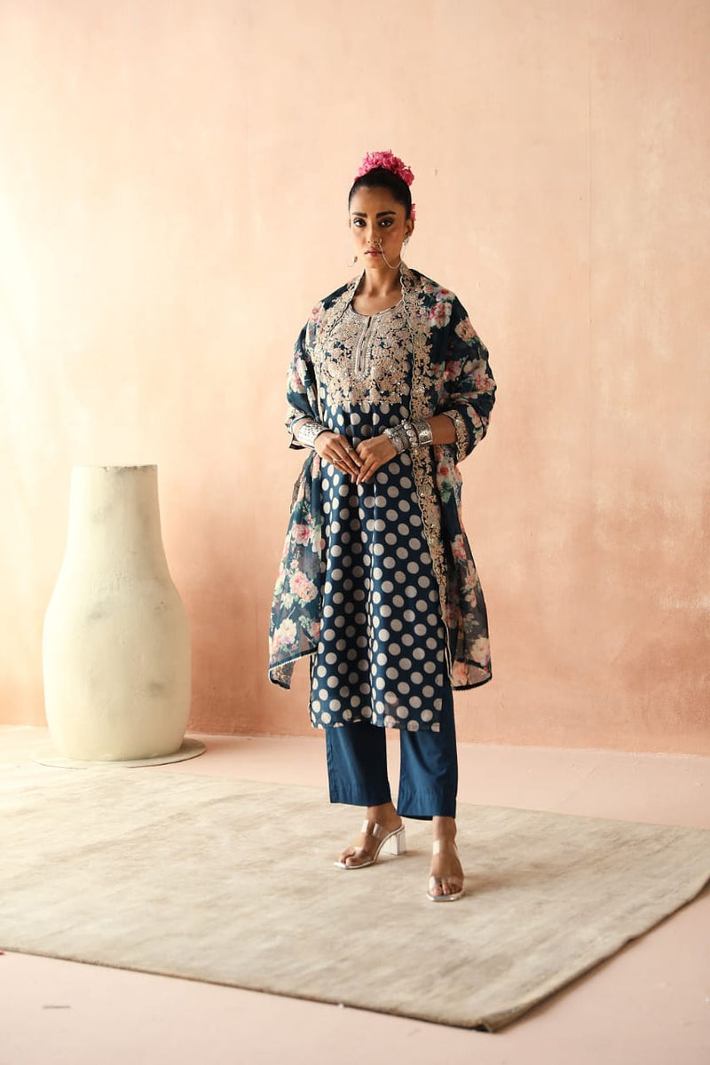 Blue  Chanderi Kurta set (With Pant & Dupatta)