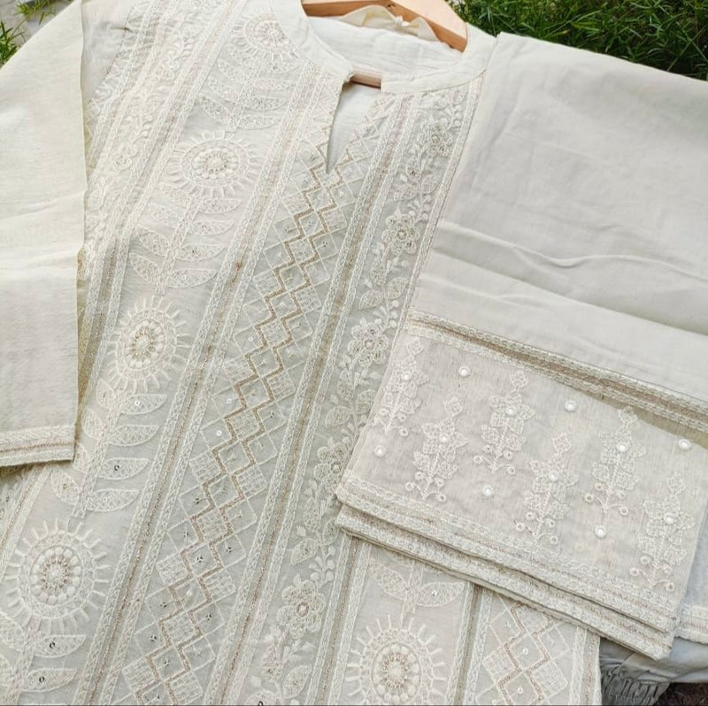 Chikankari Chanderi Suit Set (with embroidered Pants)