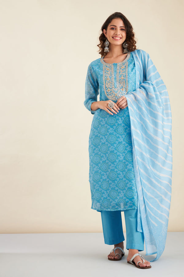 Sky Blue Bandhani Printed Chanderi Suit Set (with Pants and Dupatta)