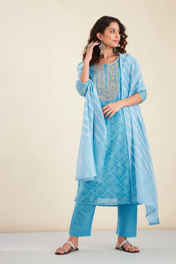 Sky Blue Bandhani Printed Chanderi Suit Set (with Pants and Dupatta)