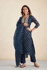 Navy Blue  Chanderi Suit Set (with Pants and Dupatta)