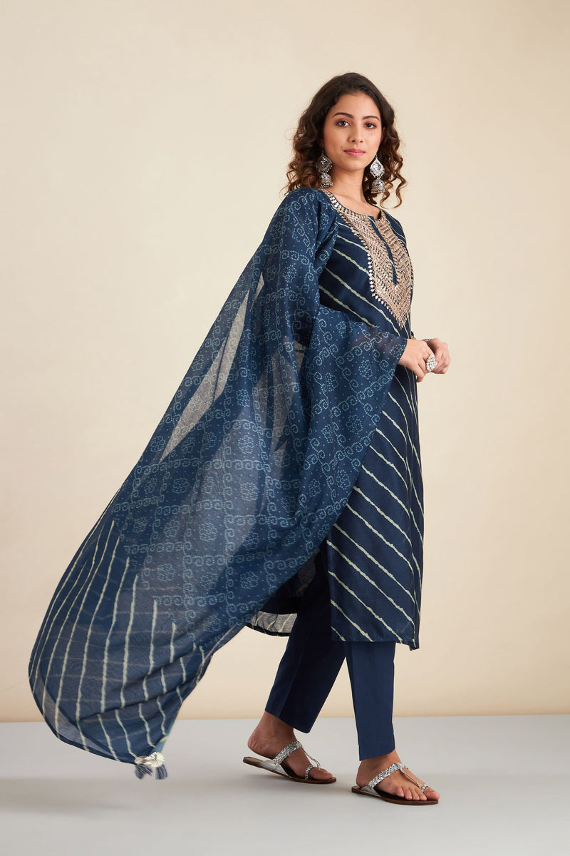 Navy Blue  Chanderi Suit Set (with Pants and Dupatta)