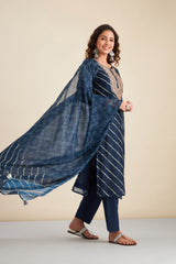 Navy Blue  Chanderi Suit Set (with Pants and Dupatta)