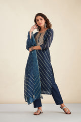 Navy Blue  Chanderi Suit Set (with Pants and Dupatta)