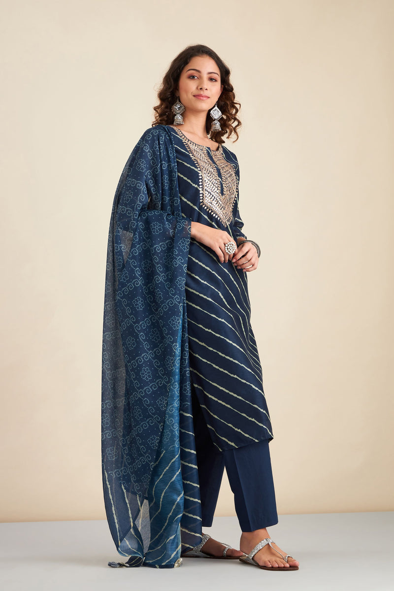 Navy Blue  Chanderi Suit Set (with Pants and Dupatta)