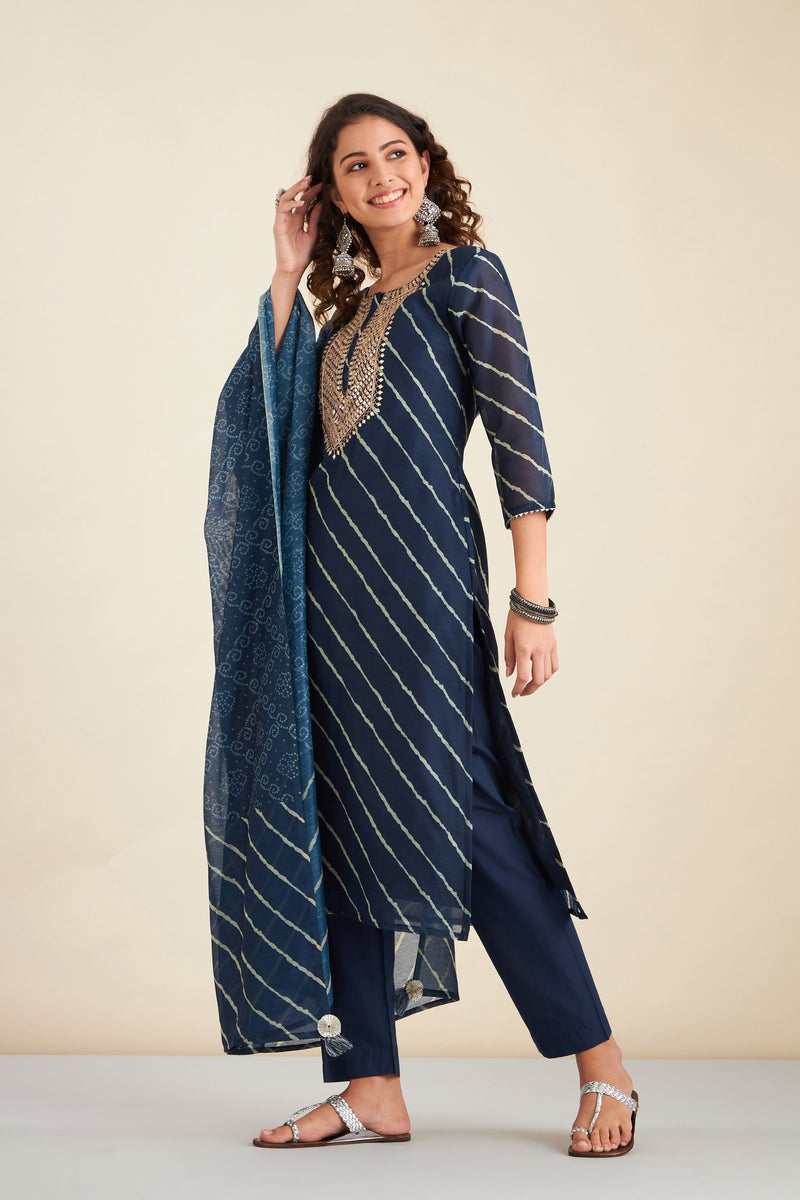 Navy Blue  Chanderi Suit Set (with Pants and Dupatta)