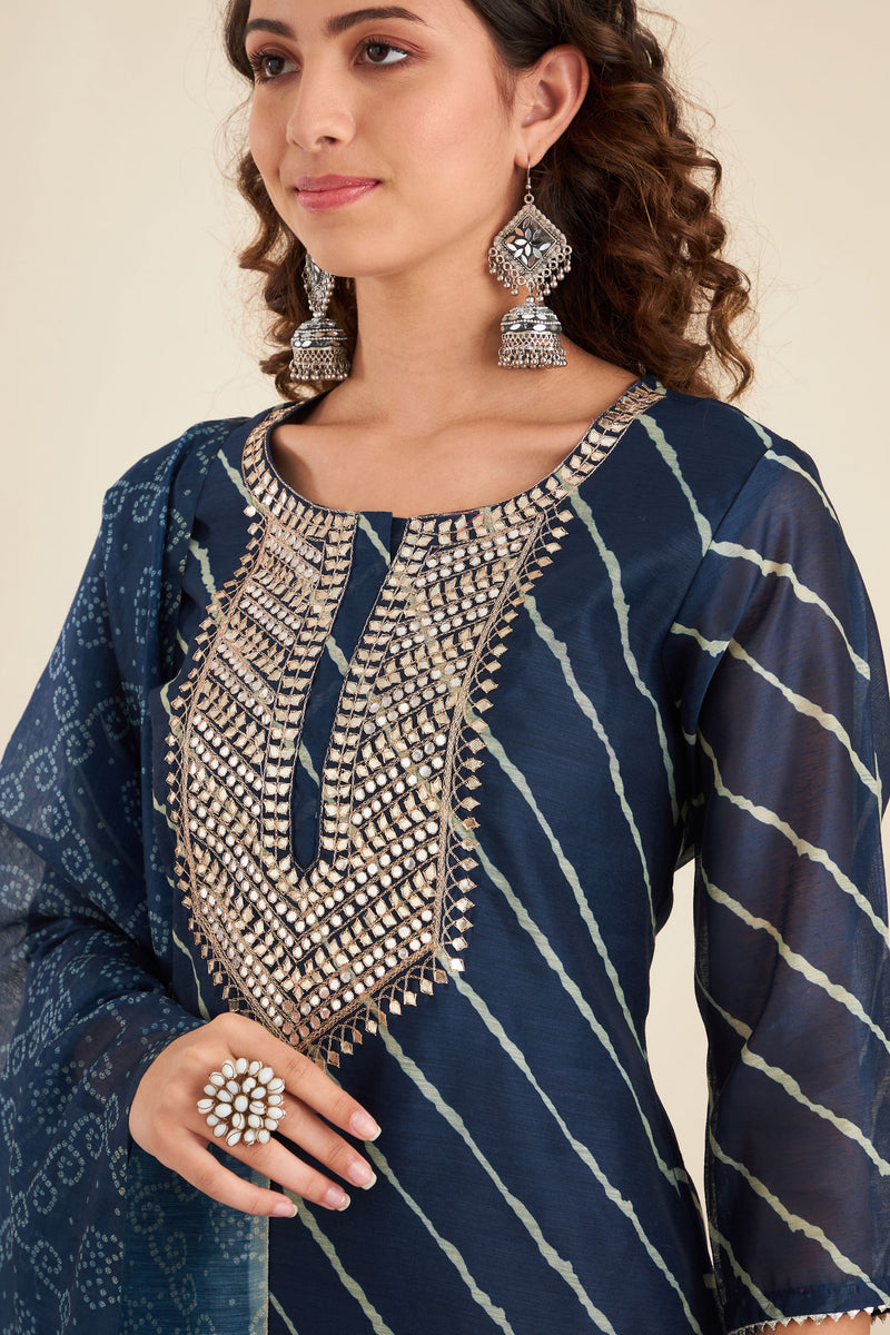 Navy Blue  Chanderi Suit Set (with Pants and Dupatta)