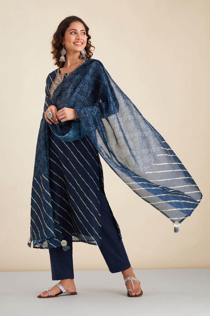 Navy Blue  Chanderi Suit Set (with Pants and Dupatta)