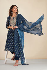 Navy Blue  Chanderi Suit Set (with Pants and Dupatta)