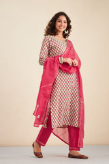 Hand Block Printed Pink Cotton kurta set (with Pants and Dupatta)