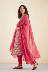 Hand Block Printed Pink Cotton kurta set (with Pants and Dupatta)