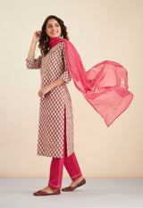 Hand Block Printed Pink Cotton kurta set (with Pants and Dupatta)