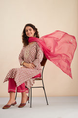 Hand Block Printed Pink Cotton kurta set (with Pants and Dupatta)