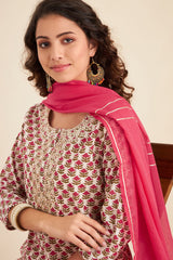 Hand Block Printed Pink Cotton kurta set (with Pants and Dupatta)