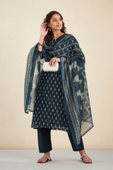 Navy Blue  Chanderi Suit Set (with Pants and Dupatta)