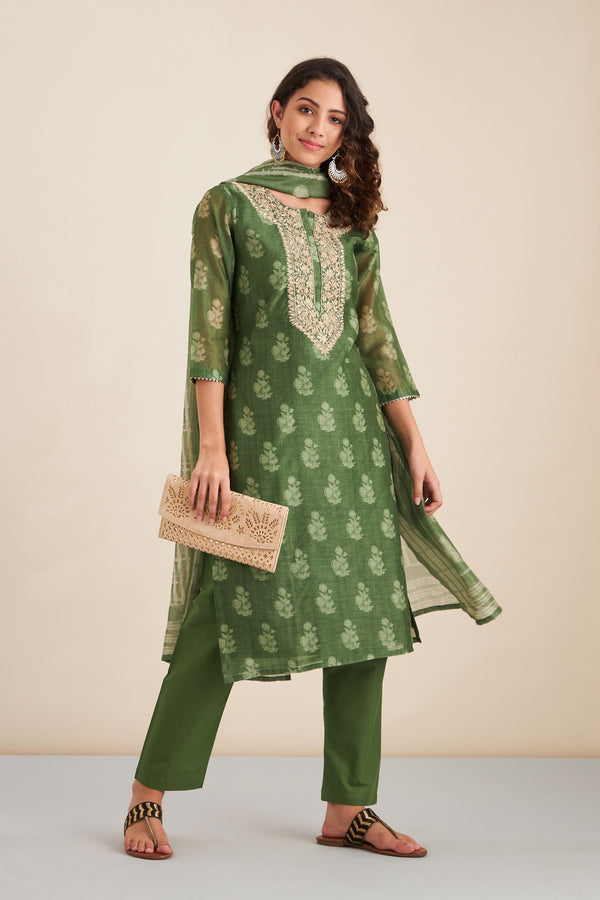 Green Hand Block Printed Chanderi Suit Set (with Pants and Dupatta)