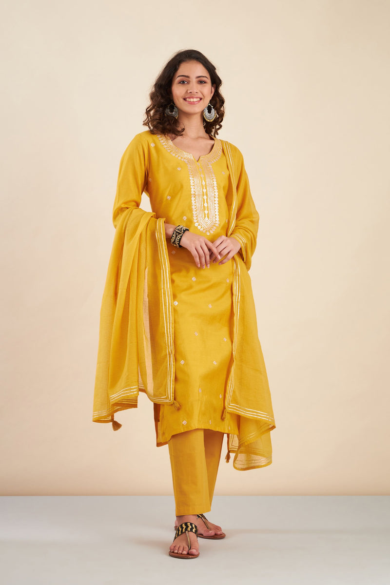 Mustard  Chanderi Suit Set (with Pants and Dupatta)