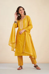 Mustard  Chanderi Suit Set (with Pants and Dupatta)