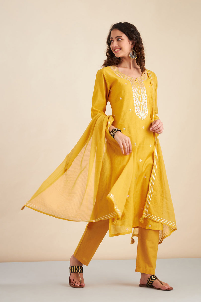 Mustard  Chanderi Suit Set (with Pants and Dupatta)