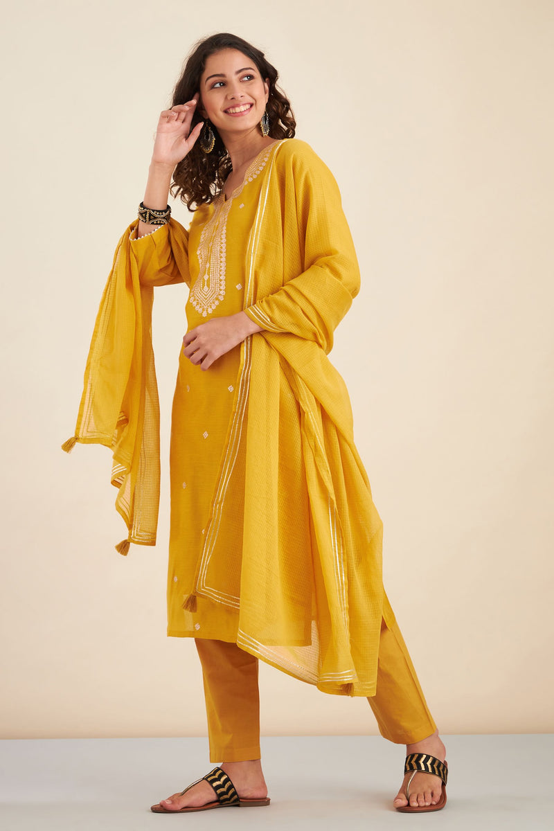 Mustard  Chanderi Suit Set (with Pants and Dupatta)