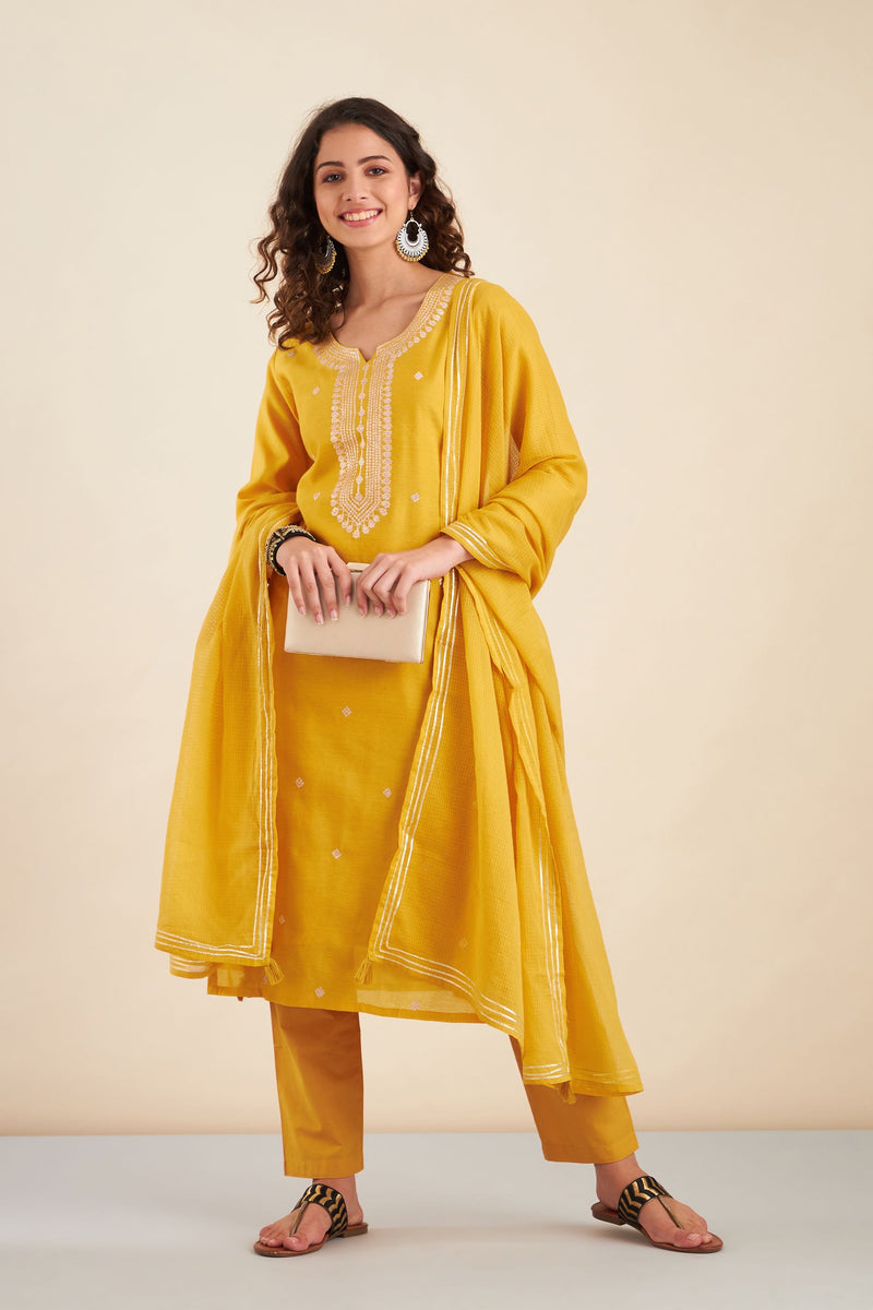 Mustard  Chanderi Suit Set (with Pants and Dupatta)