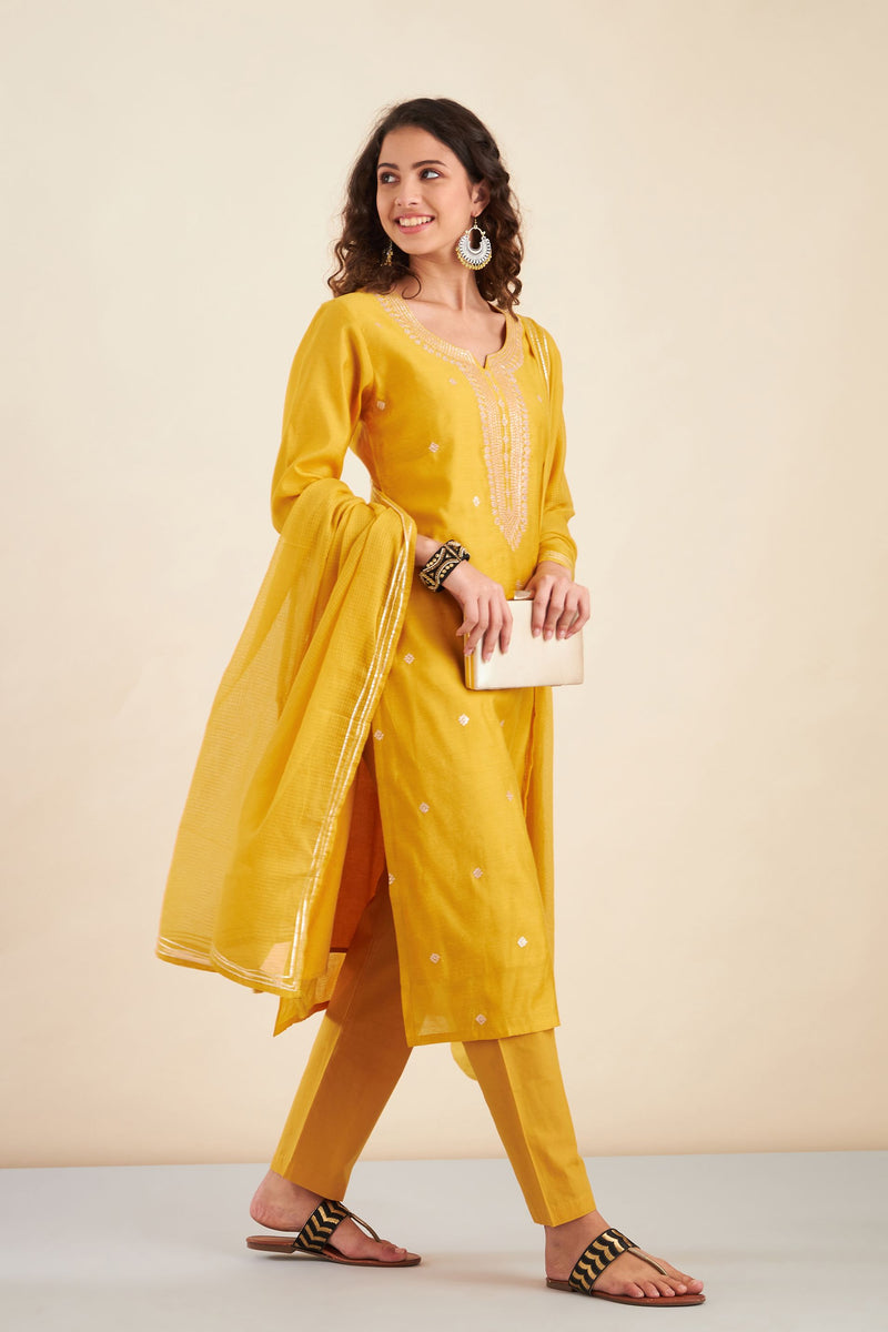 Mustard  Chanderi Suit Set (with Pants and Dupatta)