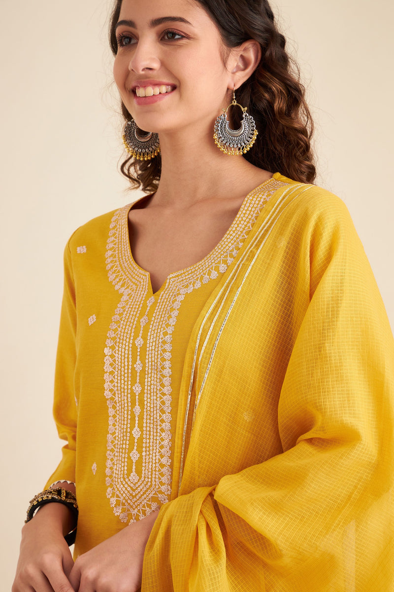 Mustard  Chanderi Suit Set (with Pants and Dupatta)