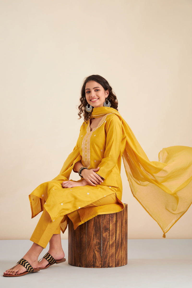 Mustard  Chanderi Suit Set (with Pants and Dupatta)