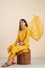 Mustard  Chanderi Suit Set (with Pants and Dupatta)