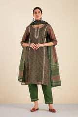 Green Chanderi Suit Set (with Pants and Dupatta)