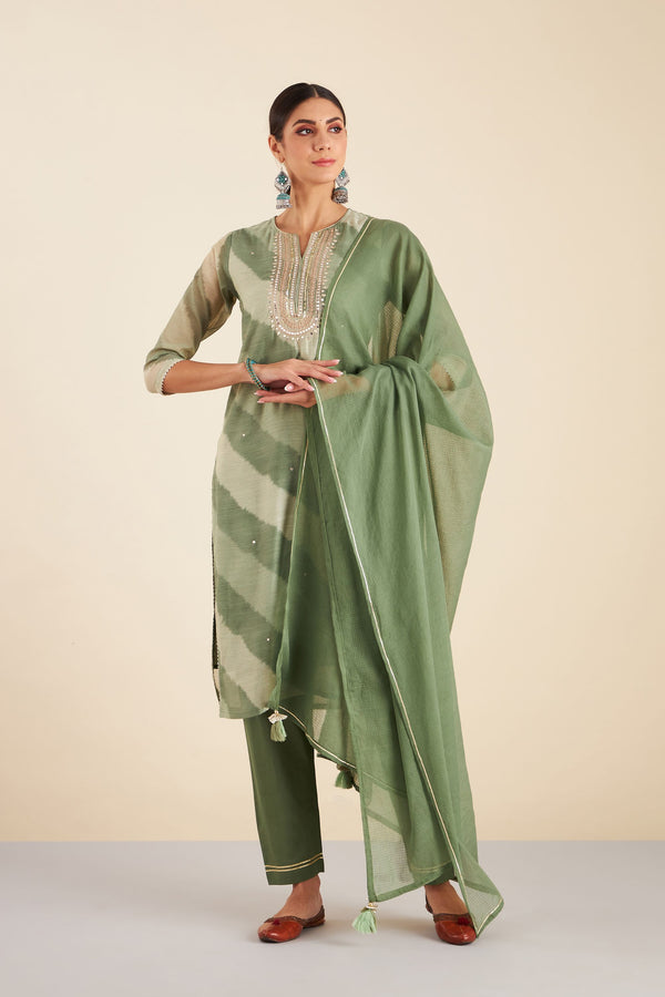 Olive Green Chanderi Suit Set (with Pants and Dupatta)