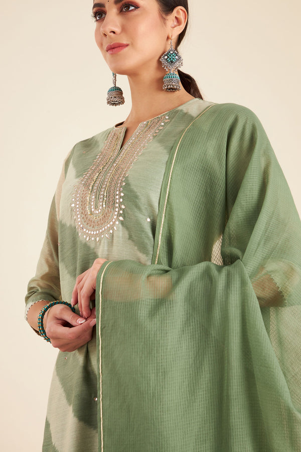 Olive Green Chanderi Suit Set (with Pants and Dupatta)