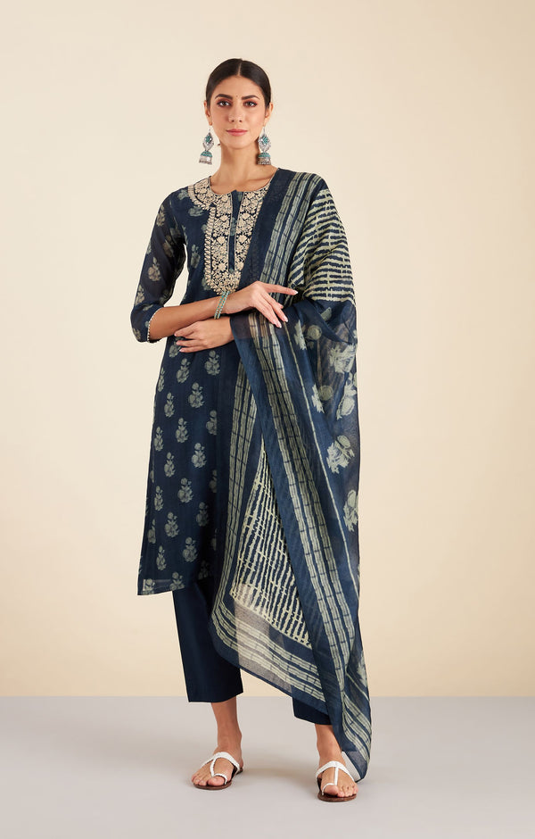 Navy Blue Hand Block Printed Chanderi Suit Set (with Pants and Dupatta)