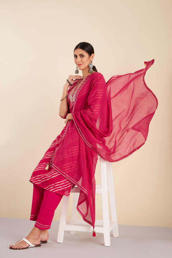 Pink Leheriya Chanderi Suit Set (with Pants and Dupatta)