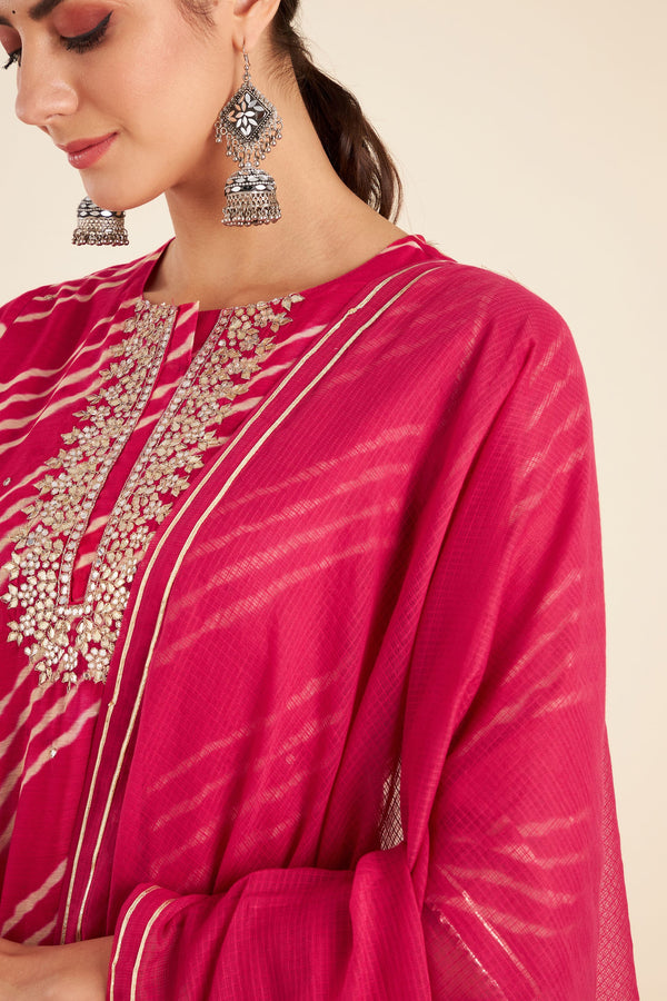 Pink Leheriya Chanderi Suit Set (with Pants and Dupatta)