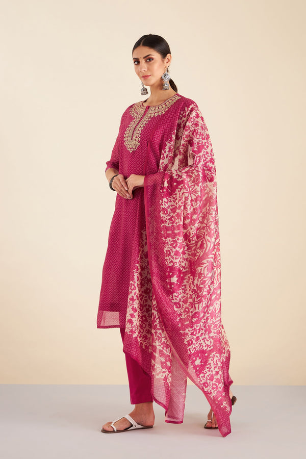 Dark Pink Chanderi Suit Set (with Pants and Dupatta)