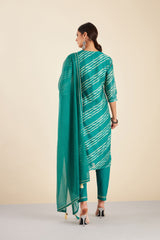 Teal Blue Leheriya Chanderi Suit Set (with Pants and Dupatta)