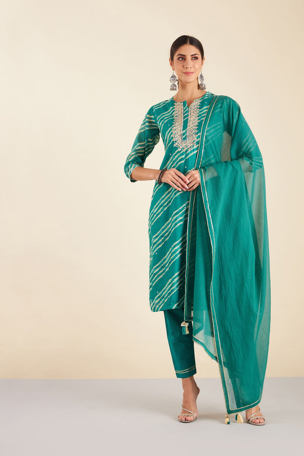 Teal Blue Leheriya Chanderi Suit Set (with Pants and Dupatta)