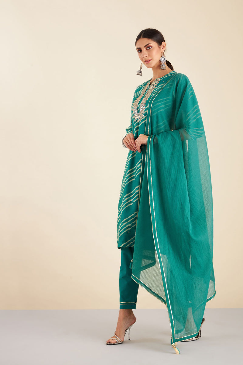 Teal Blue Leheriya Chanderi Suit Set (with Pants and Dupatta)