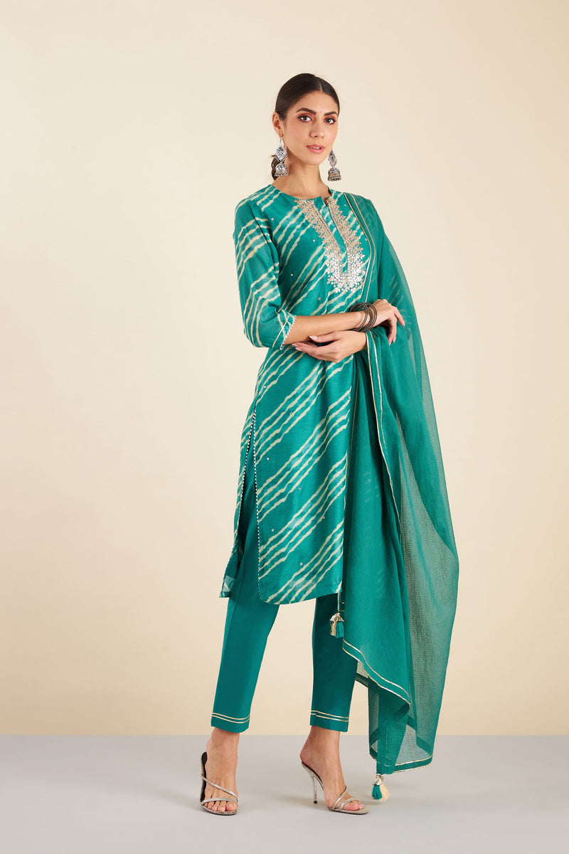 Teal Blue Leheriya Chanderi Suit Set (with Pants and Dupatta)